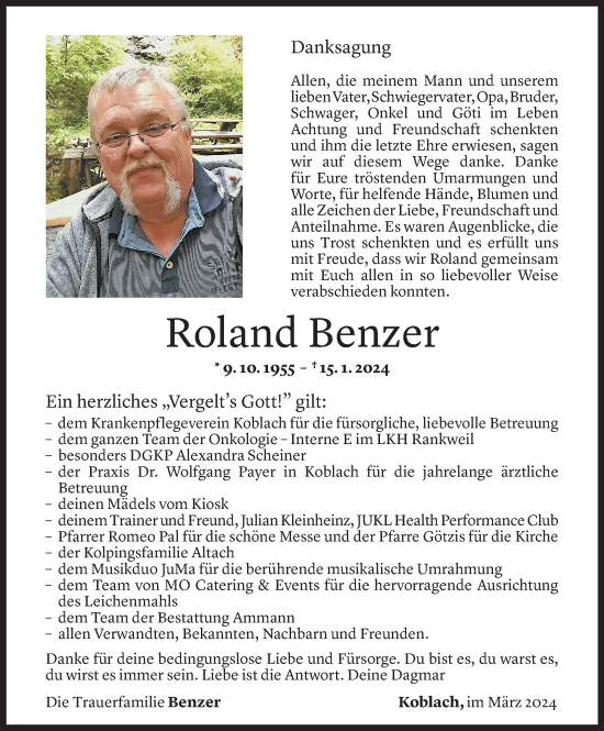 Todesanzeige von Roland Benzer von Vorarlberger Nachrichten