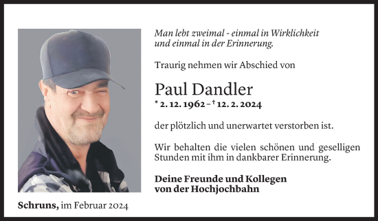 Todesanzeige von Paul Dandler von Vorarlberger Nachrichten