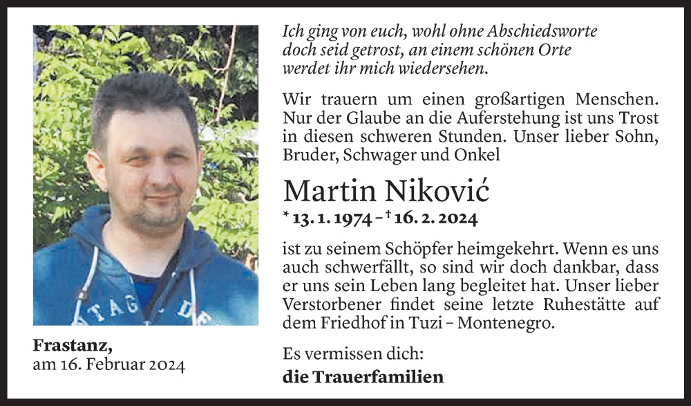  Todesanzeige für Martin Nikovic vom 22.02.2024 aus Vorarlberger Nachrichten