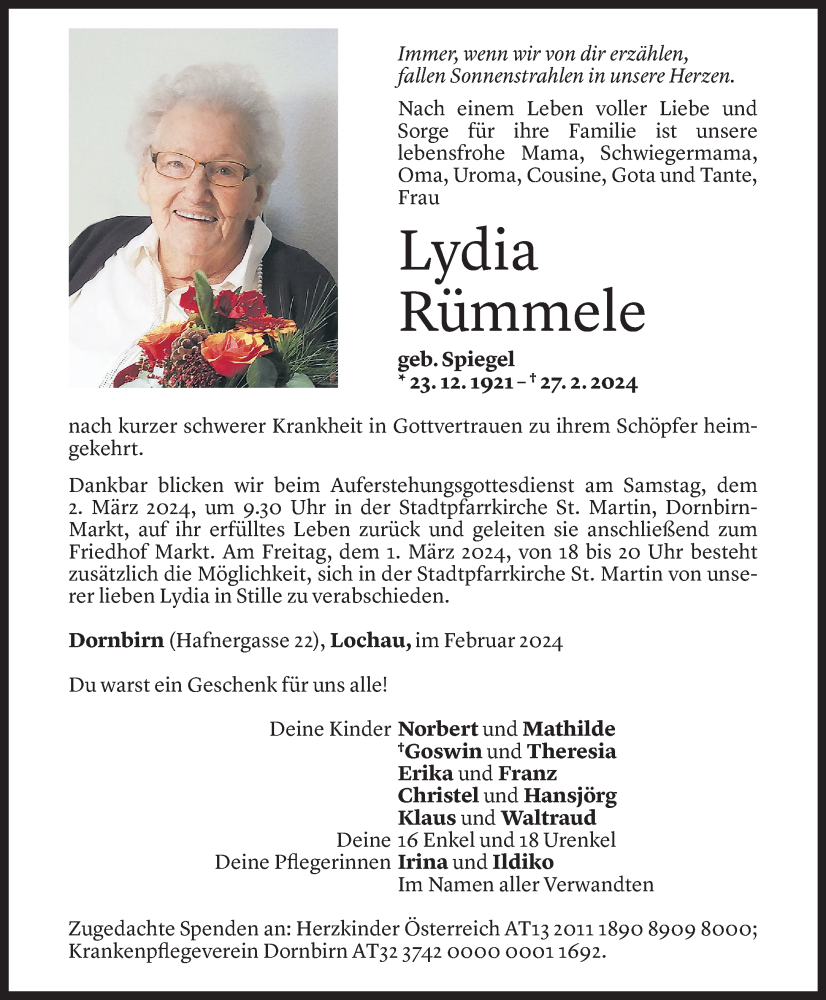  Todesanzeige für Lydia Rümmele vom 28.02.2024 aus Vorarlberger Nachrichten