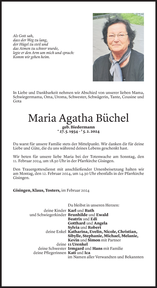  Todesanzeige für Maria Agatha Büchel vom 08.02.2024 aus Vorarlberger Nachrichten