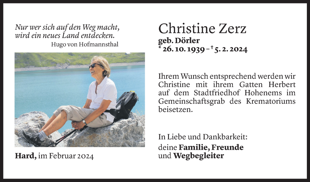  Todesanzeige für Christine Zerz vom 10.02.2024 aus Vorarlberger Nachrichten