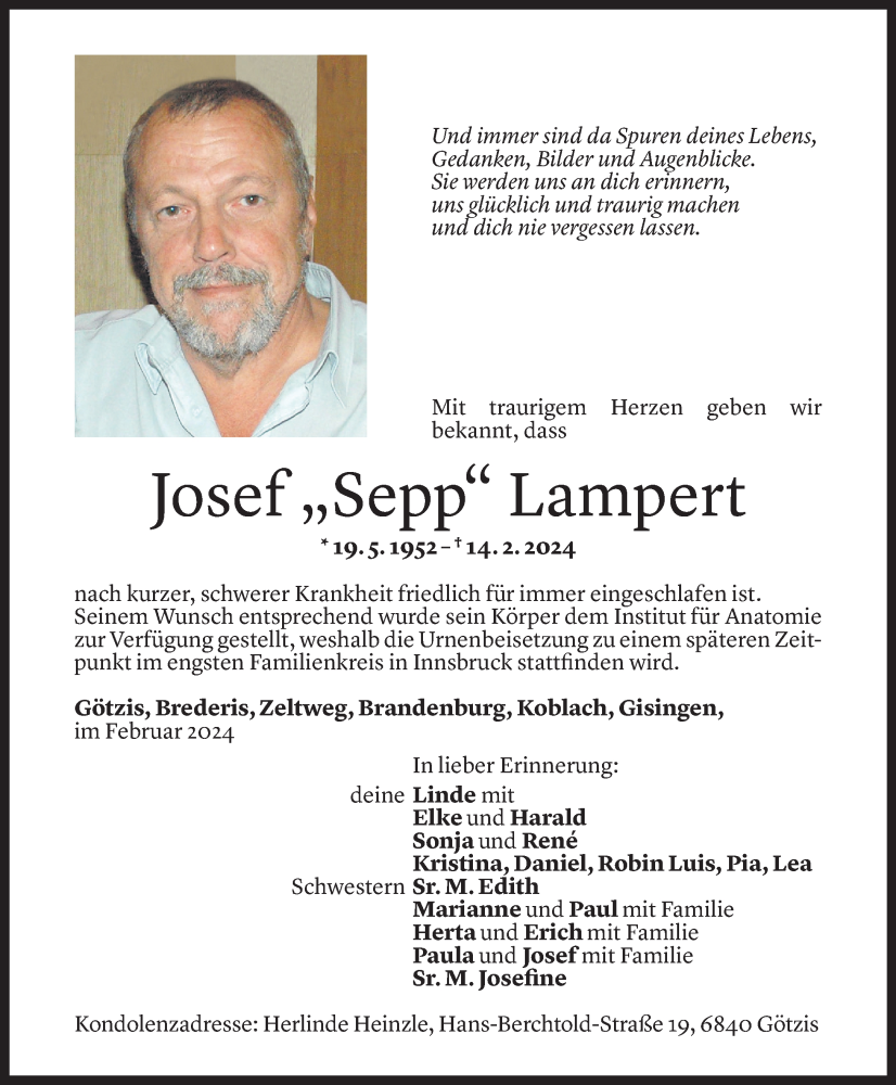 Todesanzeigen von Josef Lampert | Todesanzeigen Vorarlberger Nachrichten