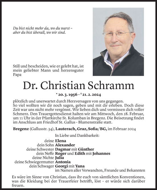Todesanzeige von Christian Schramm von Vorarlberger Nachrichten