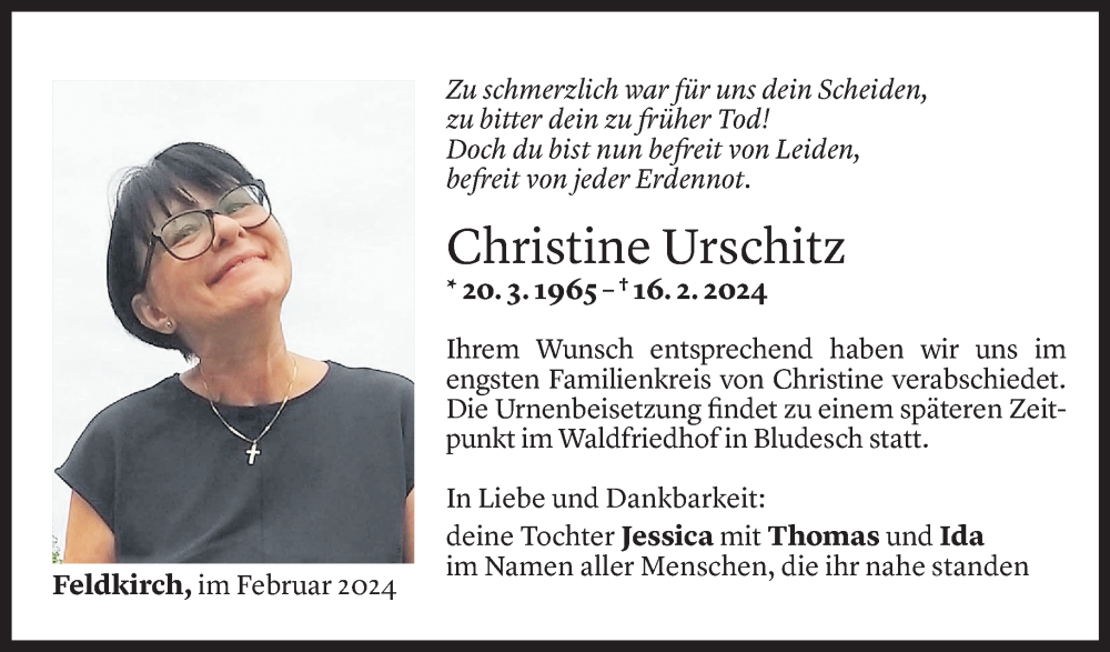  Todesanzeige für Christine Urschitz vom 28.02.2024 aus Vorarlberger Nachrichten