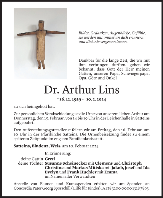 Todesanzeige von Arthur Lins von Vorarlberger Nachrichten
