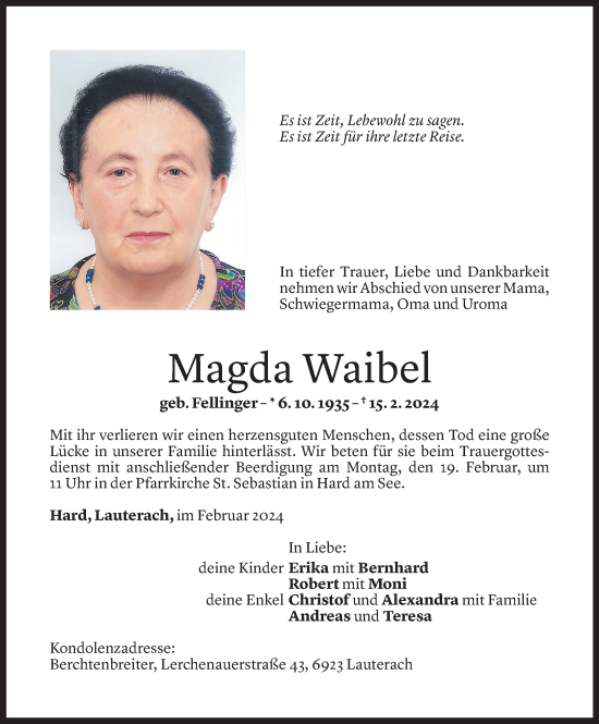 Todesanzeige von Magda Waibel von Vorarlberger Nachrichten