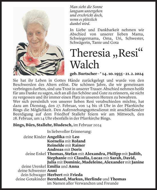 Todesanzeige von Theresia Walch von Vorarlberger Nachrichten