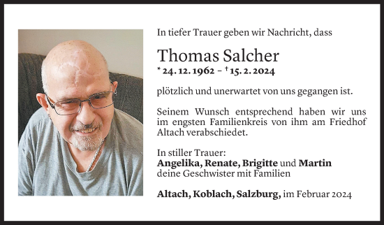 Todesanzeige von Thomas Salcher von Vorarlberger Nachrichten