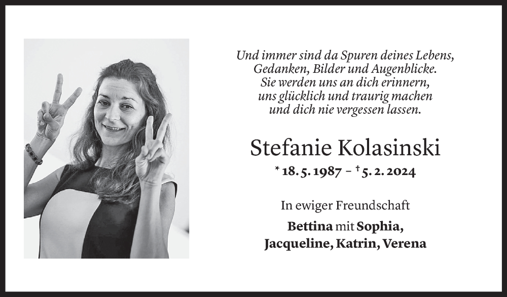  Todesanzeige für Stefanie Kolasinski vom 13.02.2024 aus Vorarlberger Nachrichten