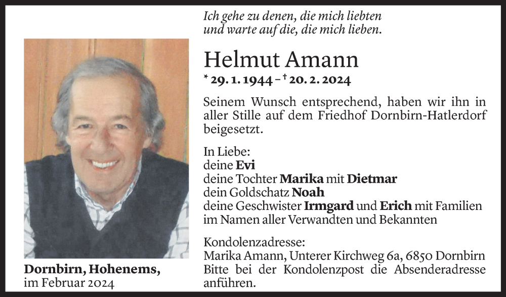  Todesanzeige für Helmut Amann vom 28.02.2024 aus Vorarlberger Nachrichten