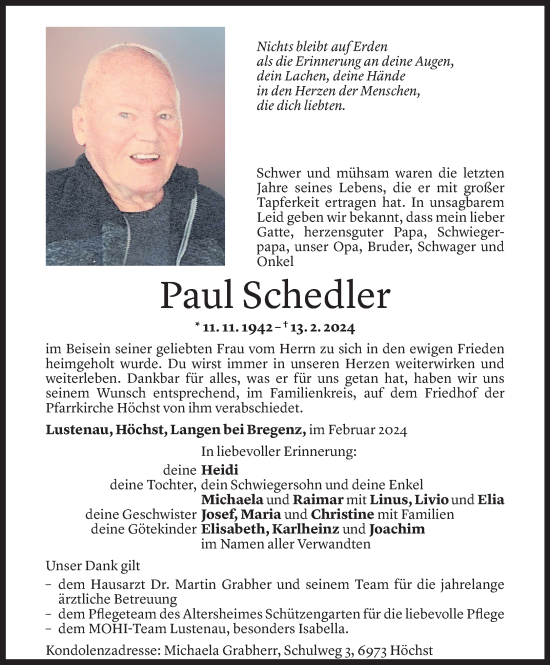 Todesanzeige von Paul Schedler von Vorarlberger Nachrichten