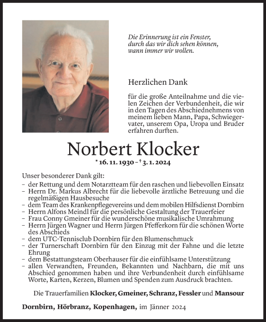 Todesanzeige von Norbert Klocker von Vorarlberger Nachrichten