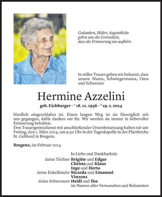Todesanzeige von Hermine Azzelini von Vorarlberger Nachrichten