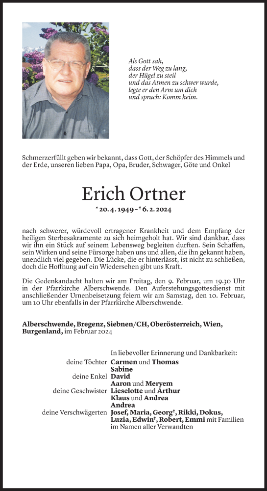  Todesanzeige für Erich Ortner vom 08.02.2024 aus Vorarlberger Nachrichten