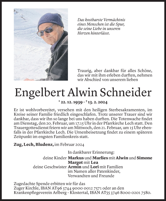 Todesanzeige von Engelbert Alwin Schneider von Vorarlberger Nachrichten