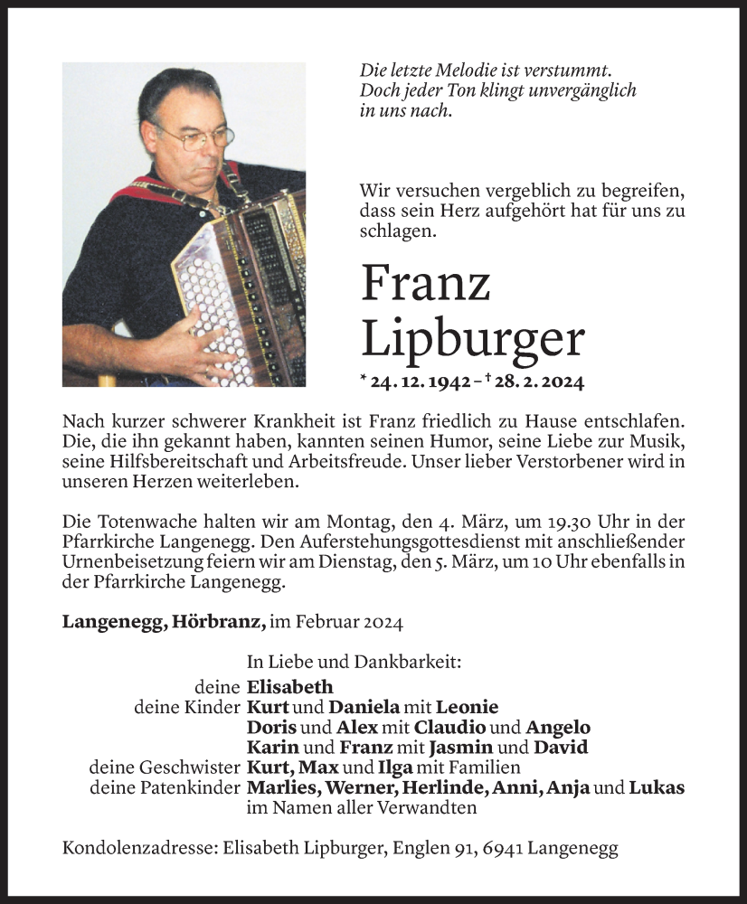  Todesanzeige für Franz Lipburger vom 01.03.2024 aus Vorarlberger Nachrichten