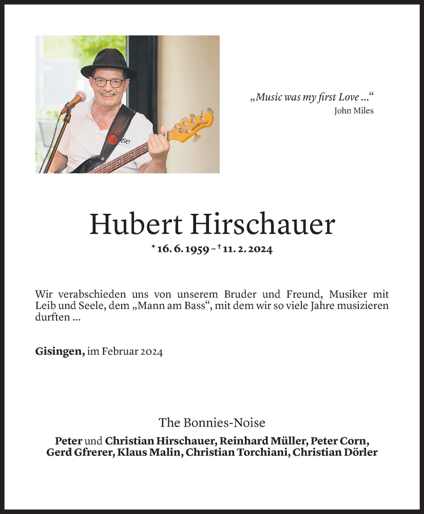  Todesanzeige für Hubert Hirschauer vom 14.02.2024 aus Vorarlberger Nachrichten