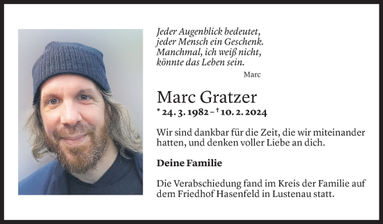 Todesanzeige von Marc Gratzer von Vorarlberger Nachrichten
