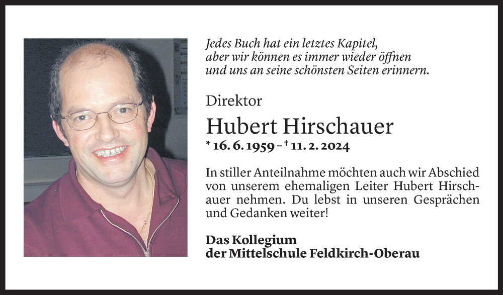  Todesanzeige für Hubert Hirschauer vom 15.02.2024 aus Vorarlberger Nachrichten