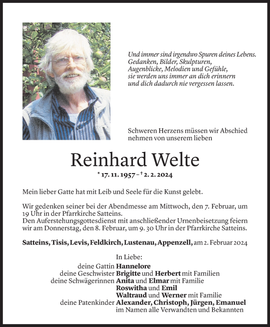 Todesanzeige von Reinhard Welte von Vorarlberger Nachrichten