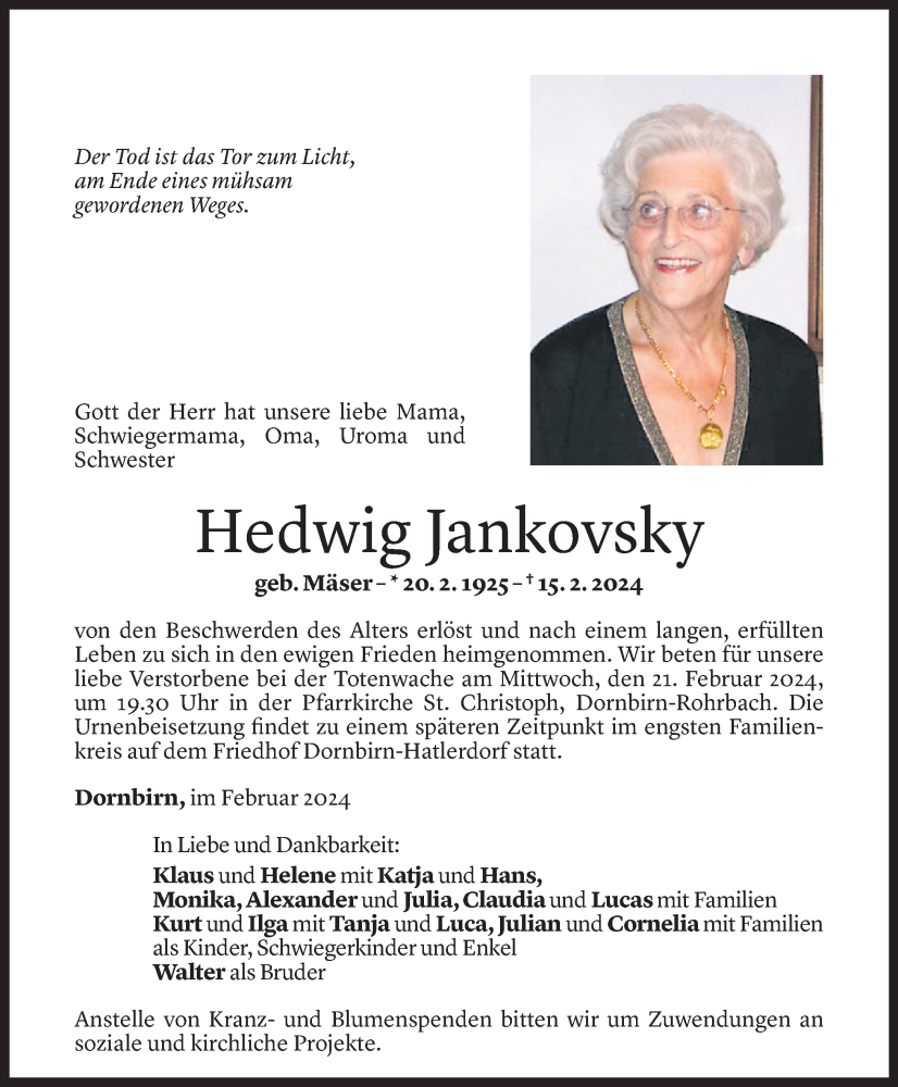  Todesanzeige für Hedwig Jankovsky vom 17.02.2024 aus Vorarlberger Nachrichten
