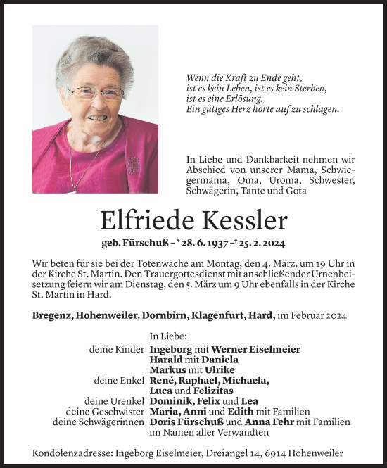 Todesanzeige von Elfriede Kessler von Vorarlberger Nachrichten