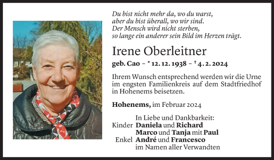 Todesanzeige von Irene Oberleitner von Vorarlberger Nachrichten