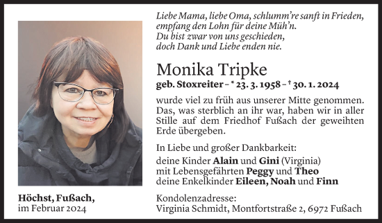Todesanzeige von Monika Tripke von Vorarlberger Nachrichten