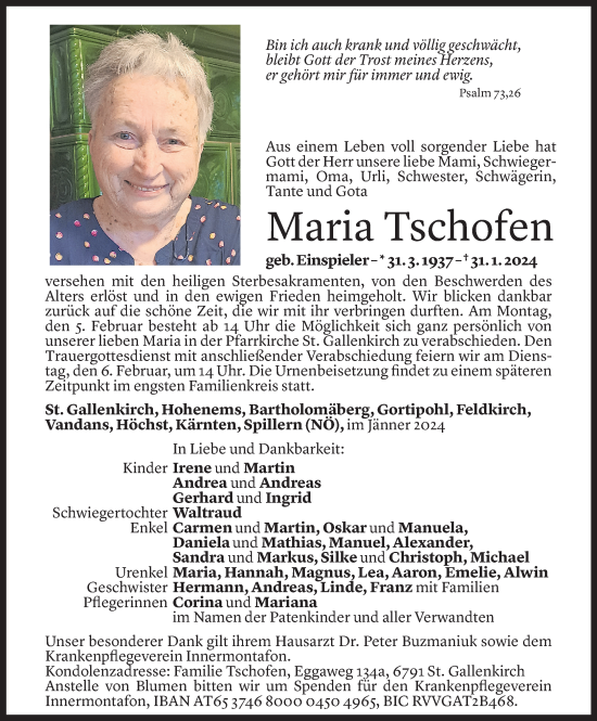 Todesanzeige von Maria Tschofen von Vorarlberger Nachrichten