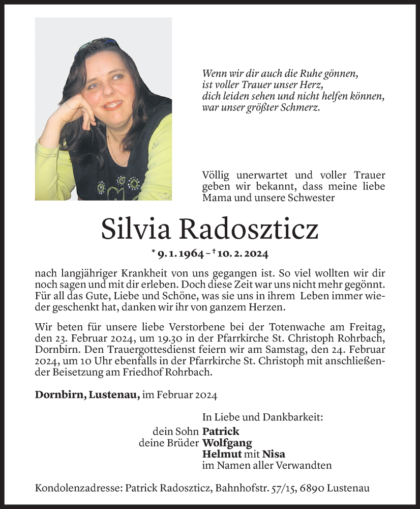 Todesanzeige für Silvia Radoszticz vom 21.02.2024 aus Vorarlberger Nachrichten