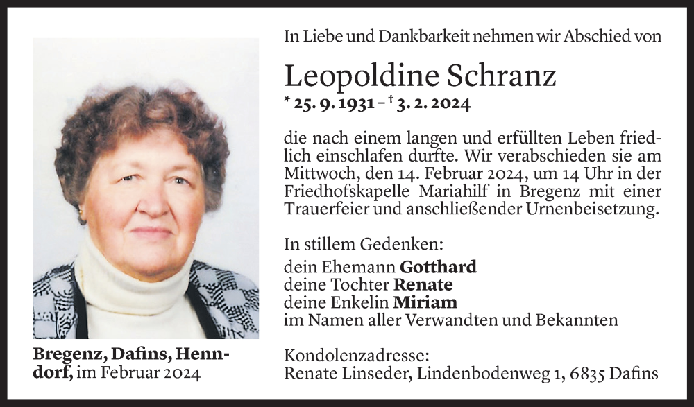  Todesanzeige für Leopoldine Schranz vom 10.02.2024 aus Vorarlberger Nachrichten