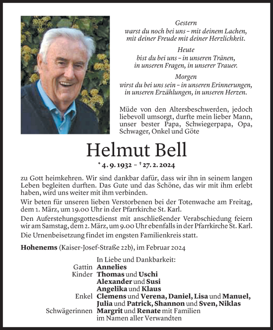 Todesanzeige von Helmut Bell von Vorarlberger Nachrichten