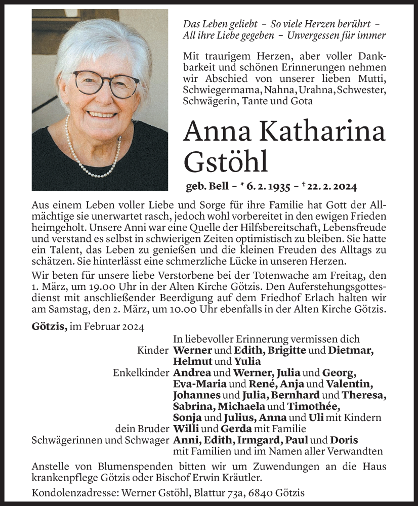  Todesanzeige für Anna Katharina Gstöhl vom 28.02.2024 aus Vorarlberger Nachrichten