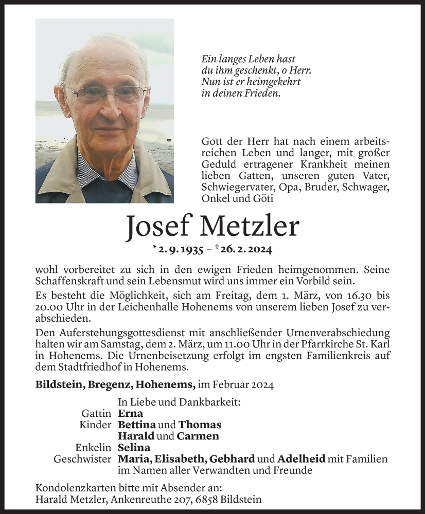  Todesanzeige für Josef Metzler vom 29.02.2024 aus Vorarlberger Nachrichten