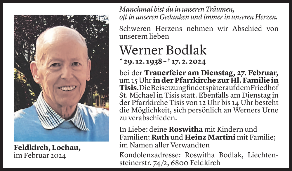  Todesanzeige für Werner Bodlak vom 23.02.2024 aus Vorarlberger Nachrichten