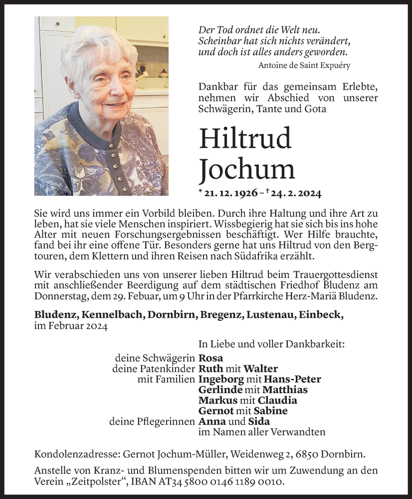  Todesanzeige für Hiltrud Jochum vom 27.02.2024 aus Vorarlberger Nachrichten
