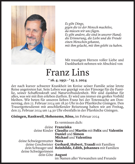 Todesanzeige von Franz Lins von Vorarlberger Nachrichten