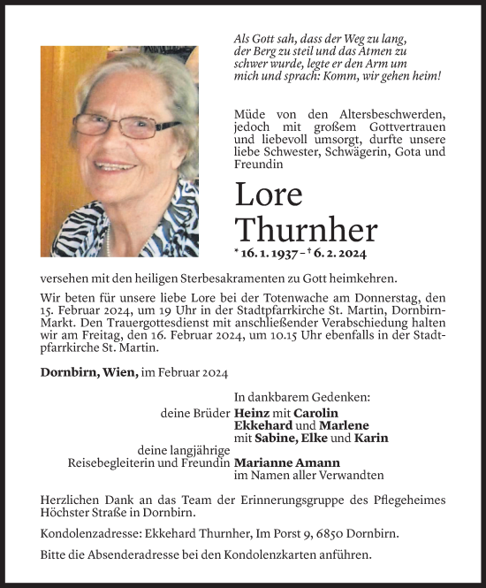 Todesanzeige von Lore Thurnher von Vorarlberger Nachrichten