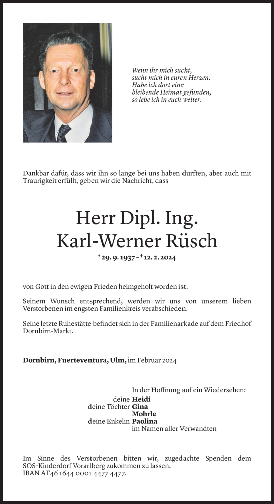  Todesanzeige für Karl-Werner Rüsch vom 17.02.2024 aus Vorarlberger Nachrichten