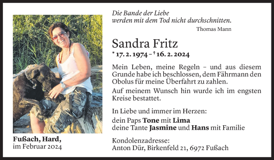Todesanzeige von Sandra Fritz von Vorarlberger Nachrichten