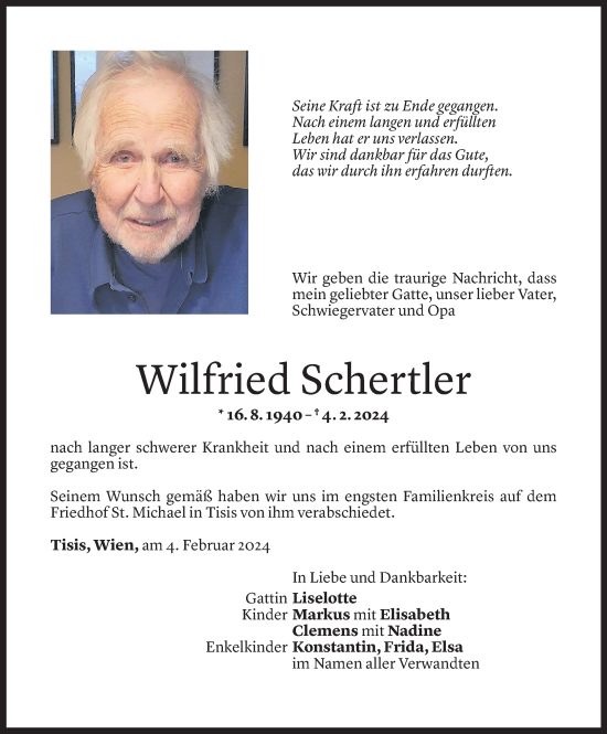 Todesanzeige von Wilfried Schertler von Vorarlberger Nachrichten