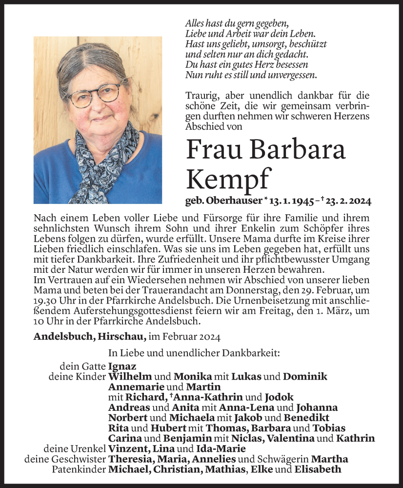  Todesanzeige für Barbara Kempf vom 27.02.2024 aus Vorarlberger Nachrichten