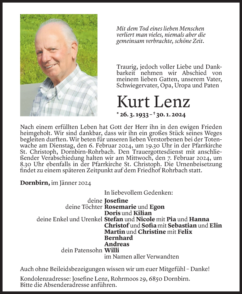  Todesanzeige für Kurt Lenz vom 02.02.2024 aus Vorarlberger Nachrichten