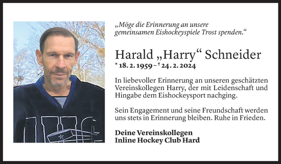 Todesanzeige von Harald Schneider von Vorarlberger Nachrichten