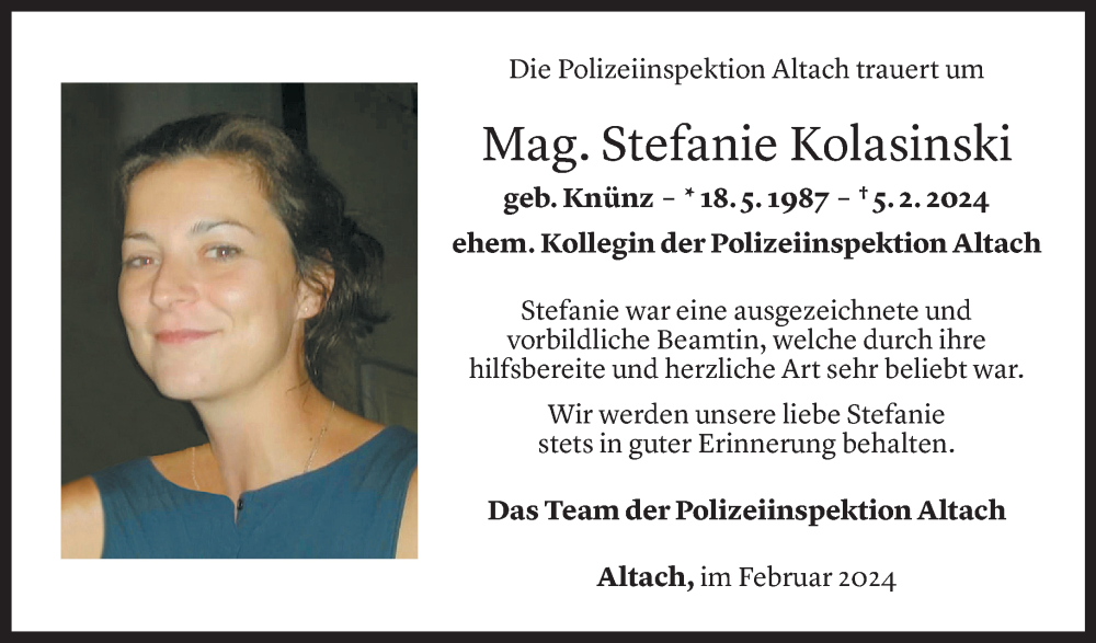  Todesanzeige für Stefanie Kolasinski vom 14.02.2024 aus Vorarlberger Nachrichten