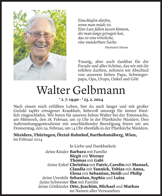Todesanzeige von Walter Gelbmann von Vorarlberger Nachrichten