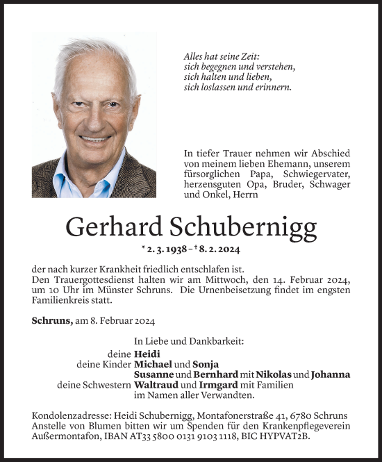 Todesanzeige von Gerhard Schubernigg von Vorarlberger Nachrichten