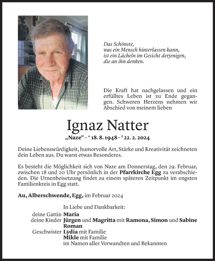  Todesanzeige für Ignaz Natter vom 28.02.2024 aus Vorarlberger Nachrichten