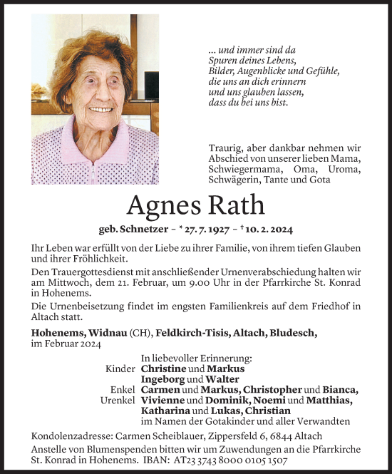 Todesanzeige von Agnes Rath von Vorarlberger Nachrichten